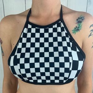 Checkered black and white halter swim top